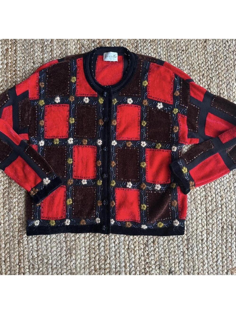Red and brown whimsical maximalist floral cozy patchwork cardigan Size M